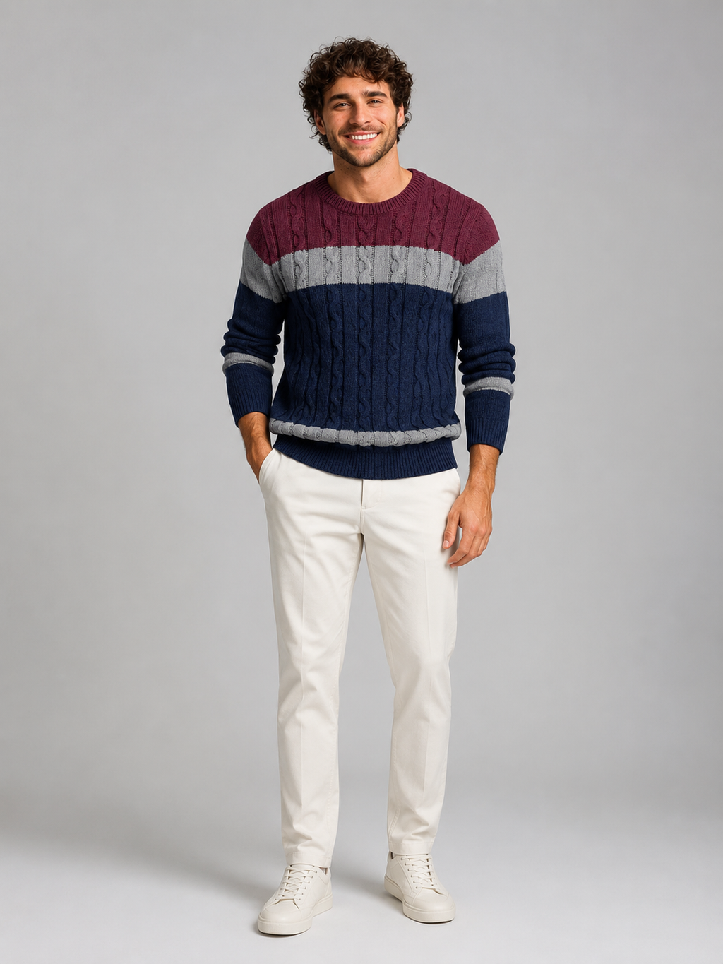 Men's colour-block cable knit crew neck jumper