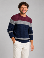 Men's colour-block cable knit crew neck jumper
