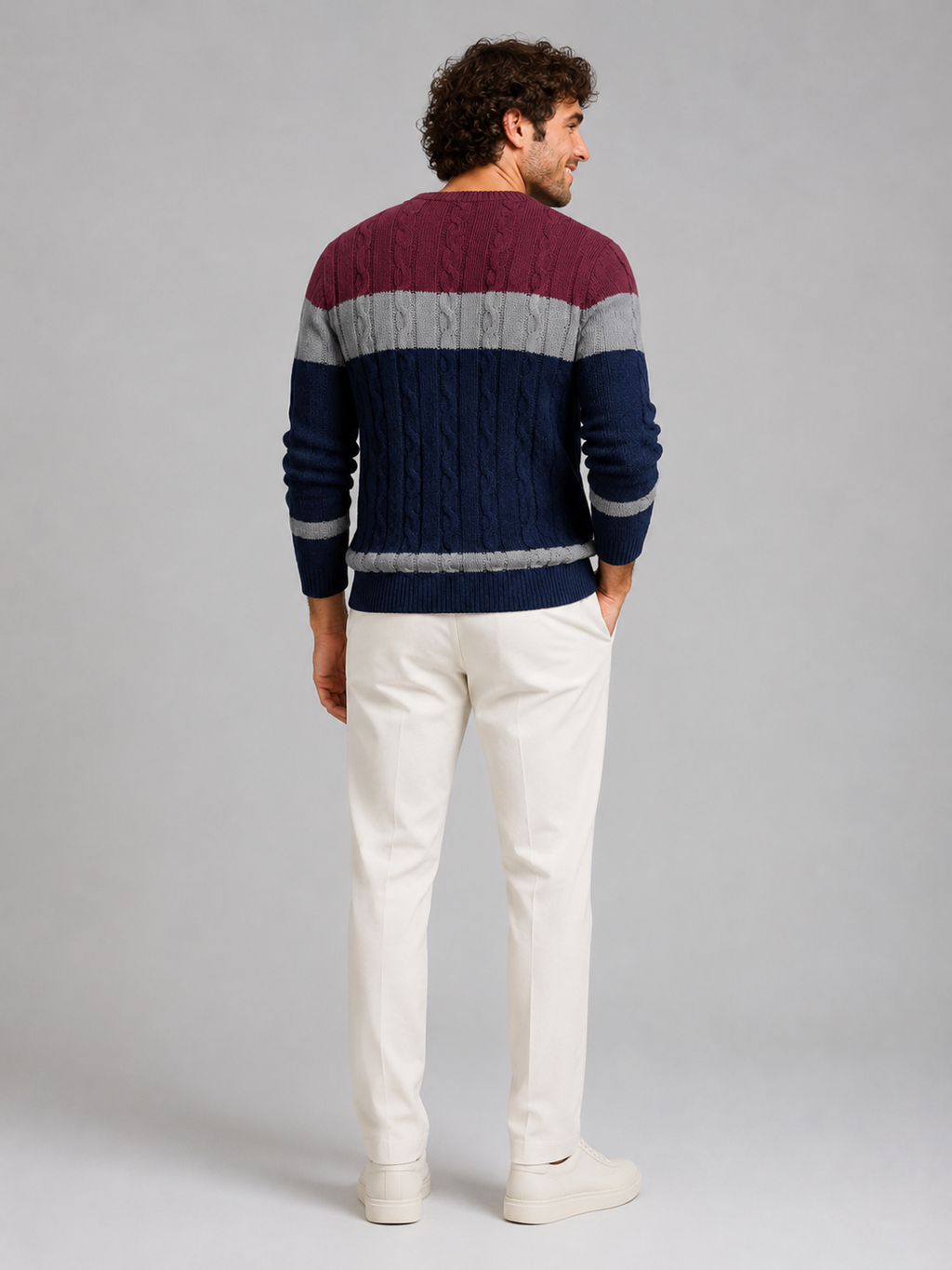 Men's colour-block cable knit crew neck jumper