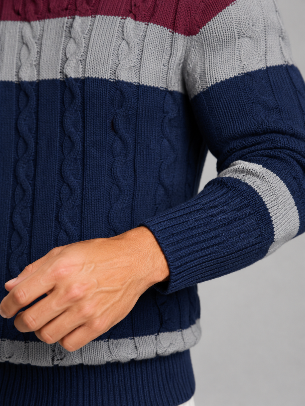 Men's colour-block cable knit crew neck jumper