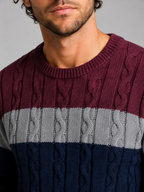 Men's colour-block cable knit crew neck jumper
