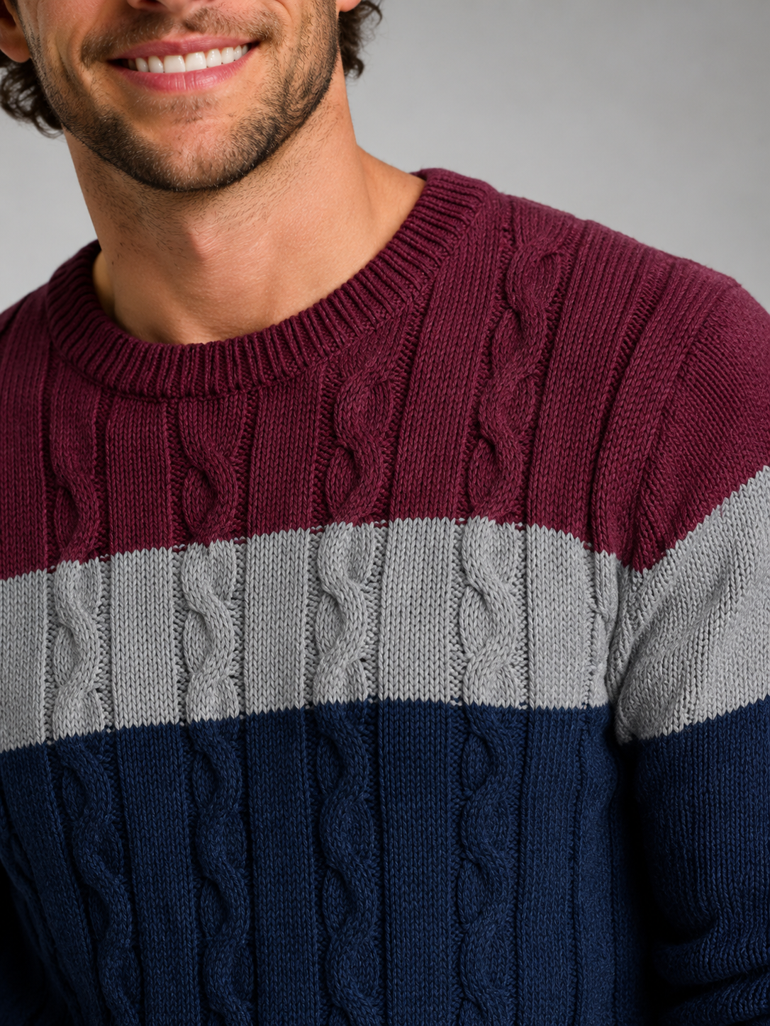 Men's colour-block cable knit crew neck jumper