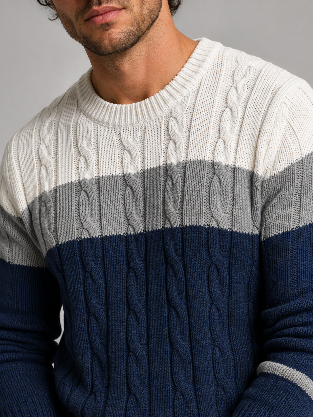 Men's colour-block cable knit crew neck jumper