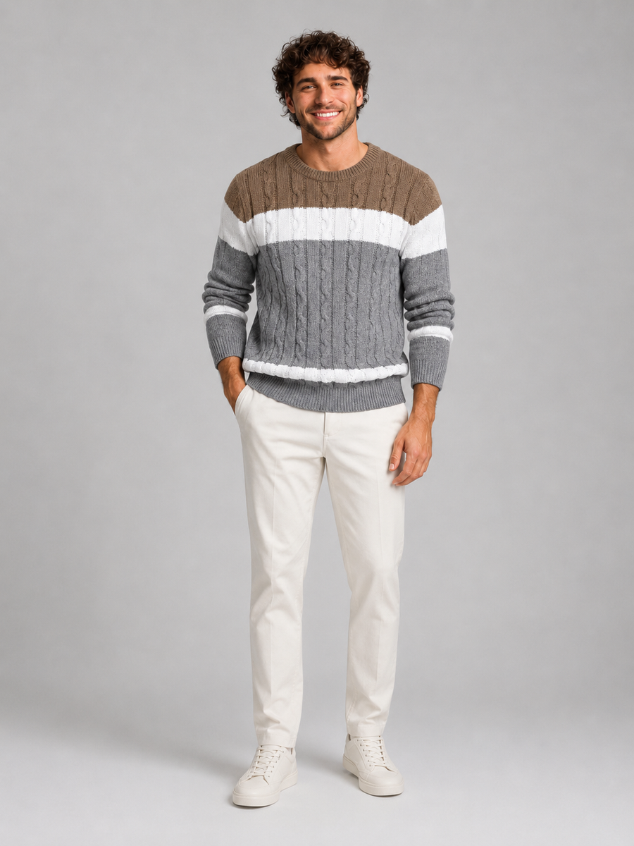 Men's colour-block cable knit crew neck jumper