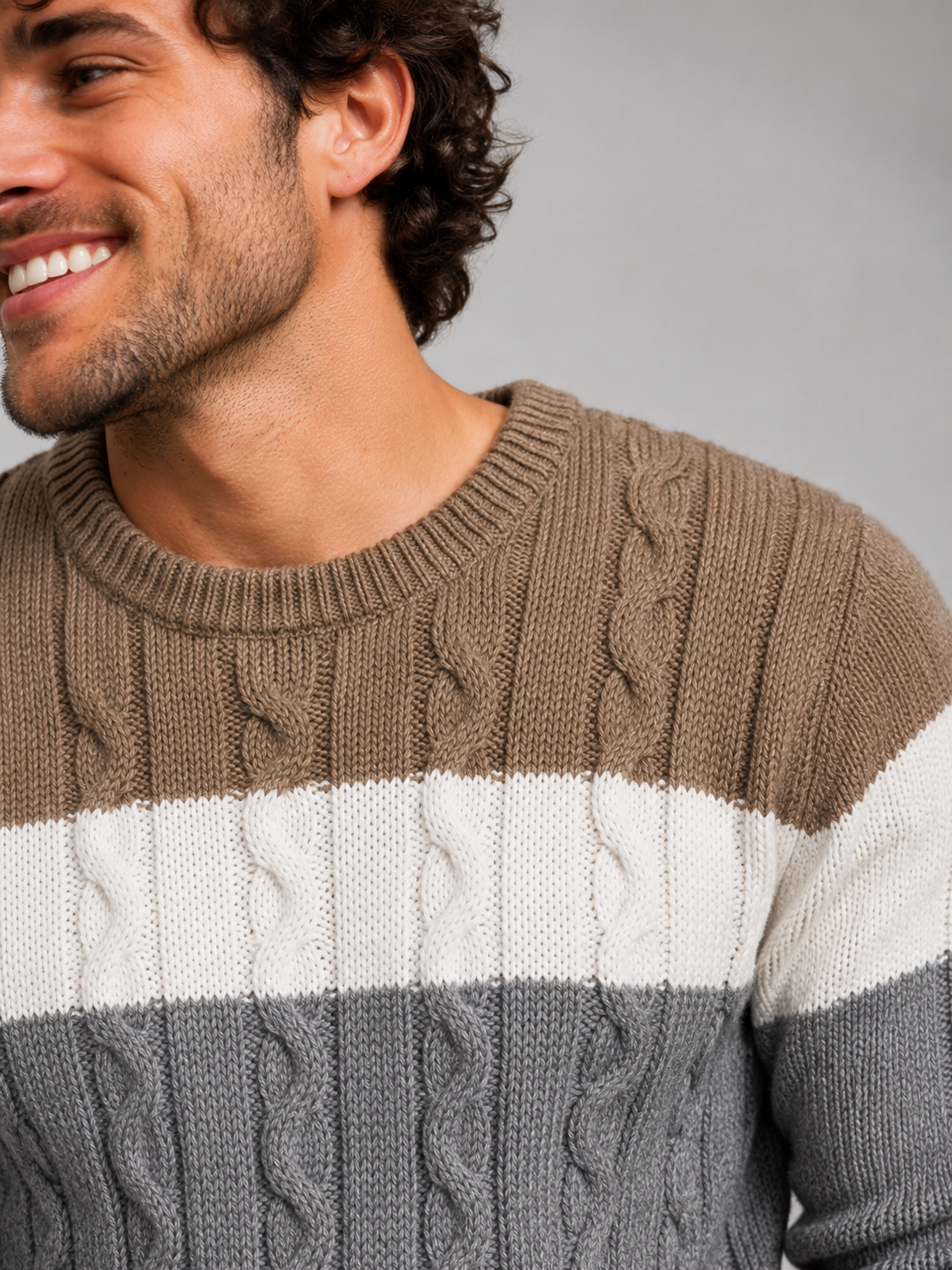 Men's colour-block cable knit crew neck jumper