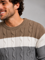 Men's colour-block cable knit crew neck jumper