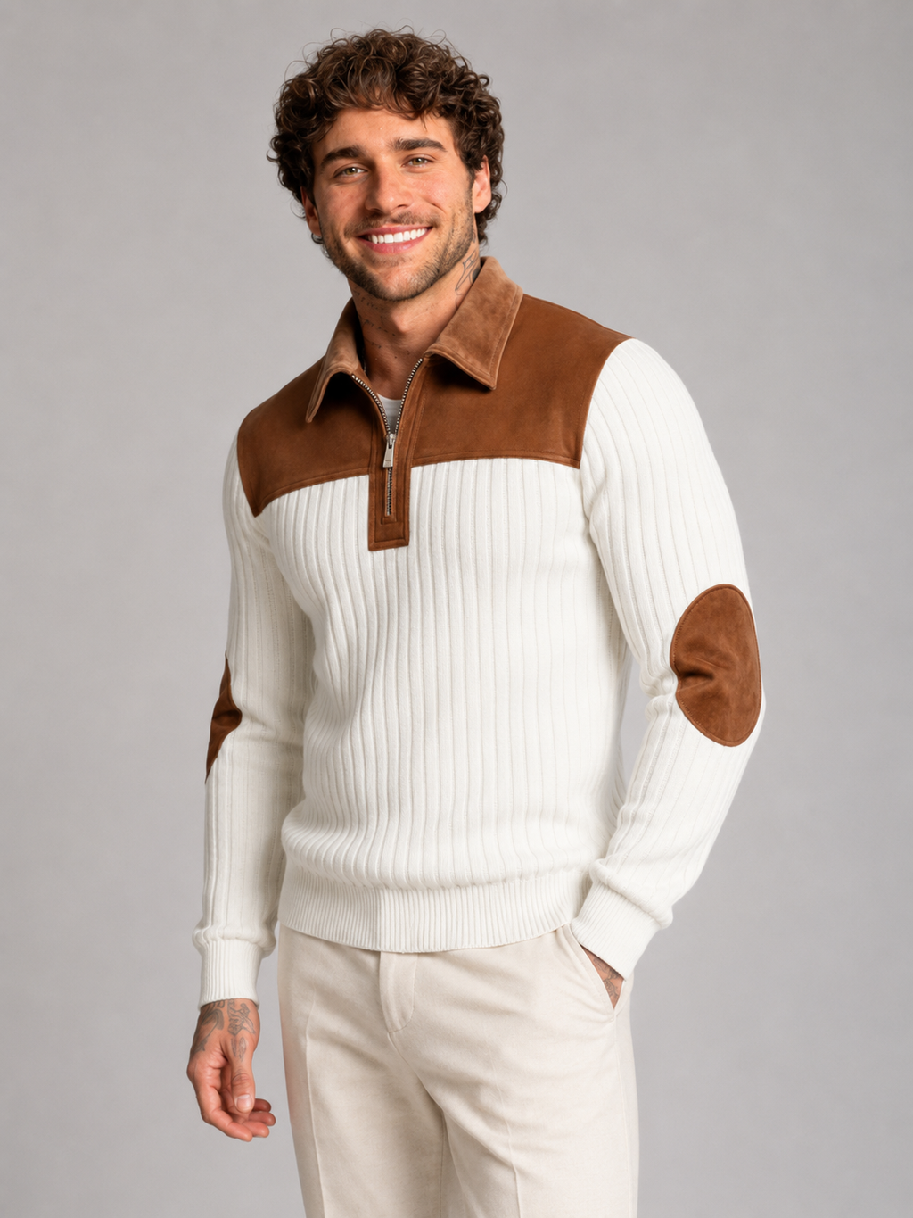 Men's contrast yoke ribbed quarter-zip jumper