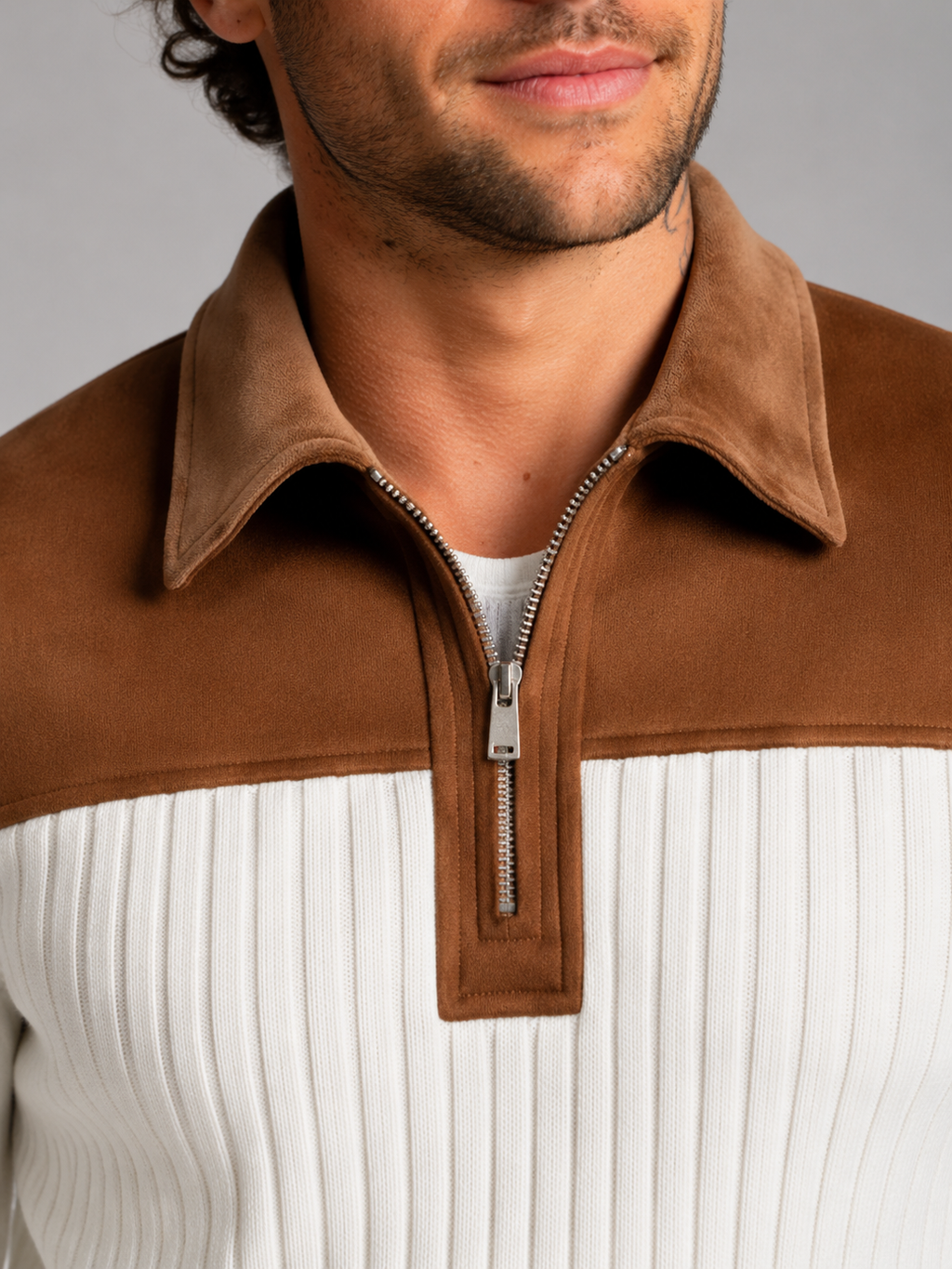 Men's contrast yoke ribbed quarter-zip jumper