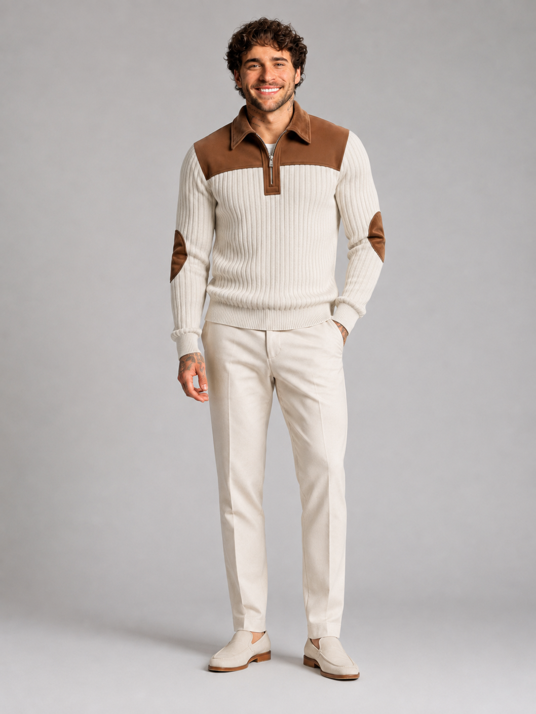 Men's contrast yoke ribbed quarter-zip jumper