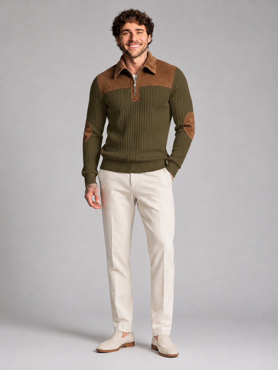 Men's contrast yoke ribbed quarter-zip jumper