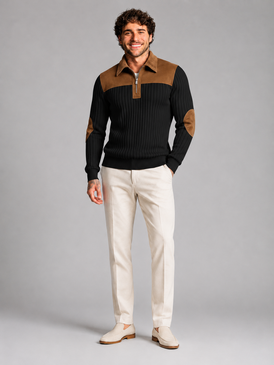 Men's contrast yoke ribbed quarter-zip jumper