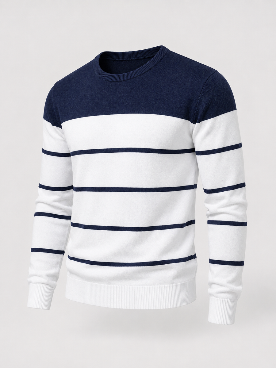 Men's fine stripe crew neck jumper with solid yoke