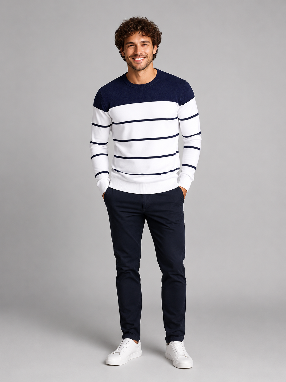 Men's fine stripe crew neck jumper with solid yoke