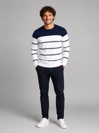 Men's fine stripe crew neck jumper with solid yoke