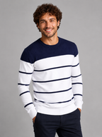 Men's fine stripe crew neck jumper with solid yoke