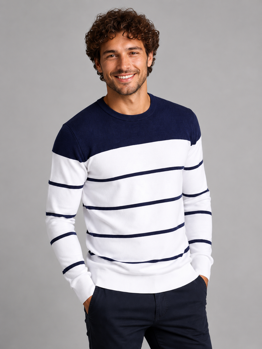 Men's fine stripe crew neck jumper with solid yoke