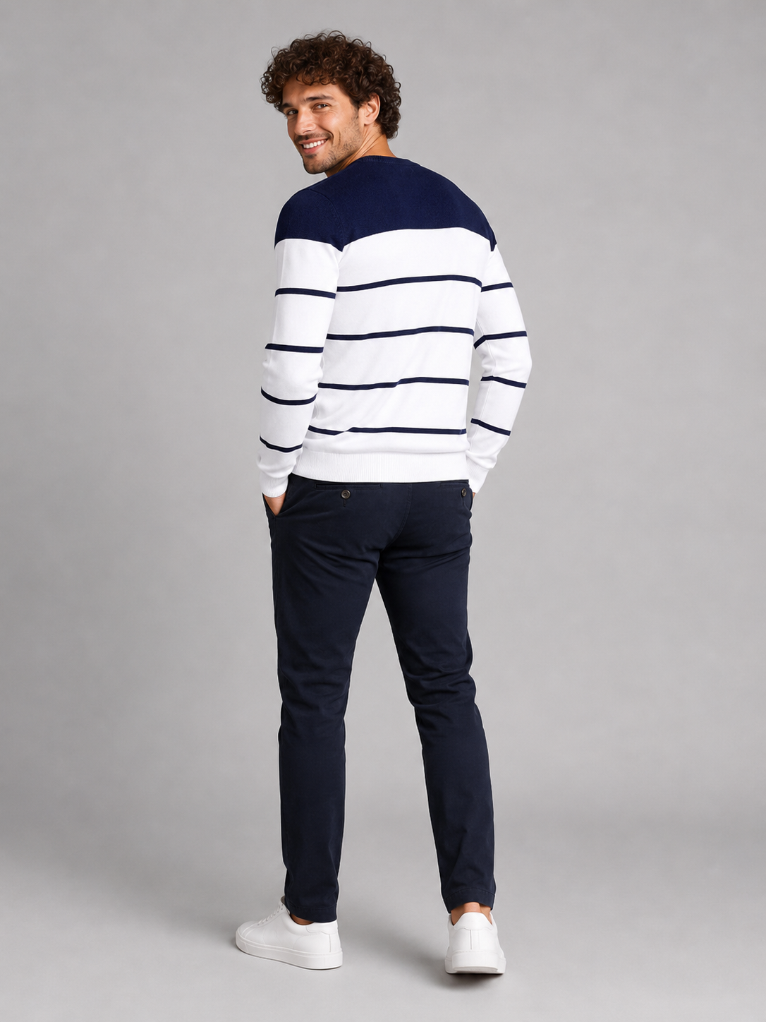 Men's fine stripe crew neck jumper with solid yoke