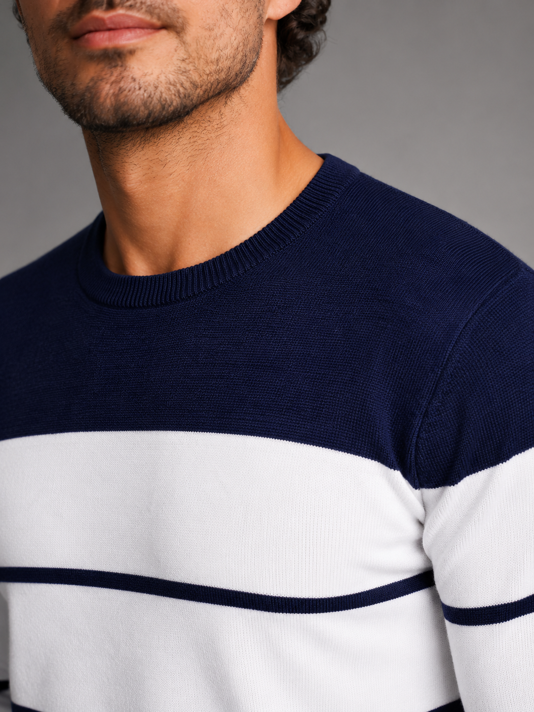 Men's fine stripe crew neck jumper with solid yoke