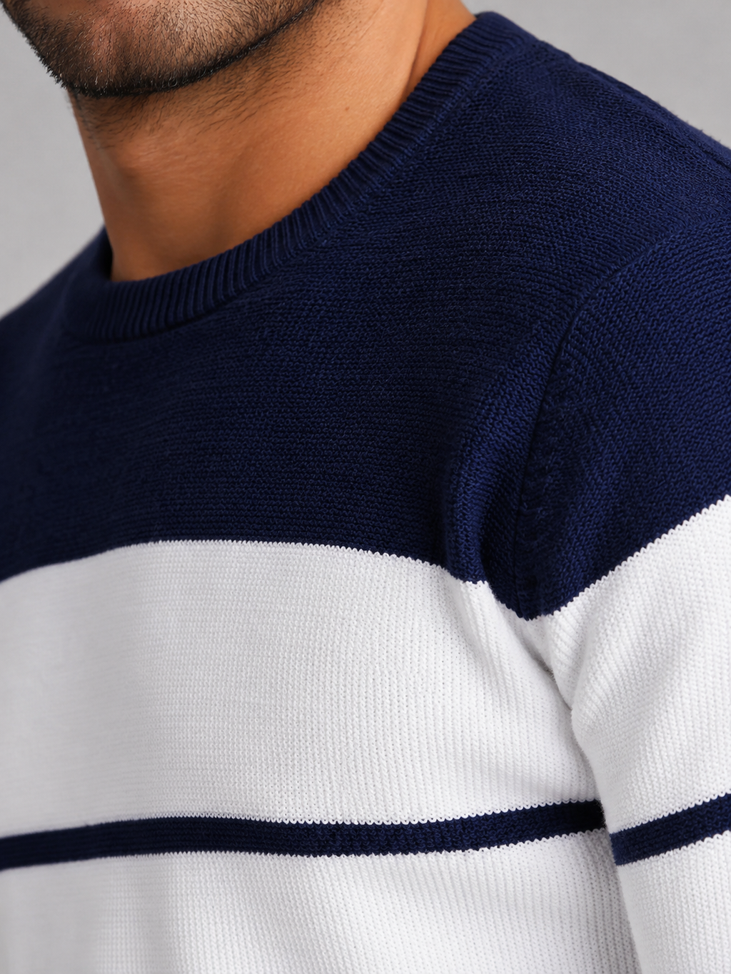 Men's fine stripe crew neck jumper with solid yoke