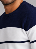 Men's fine stripe crew neck jumper with solid yoke