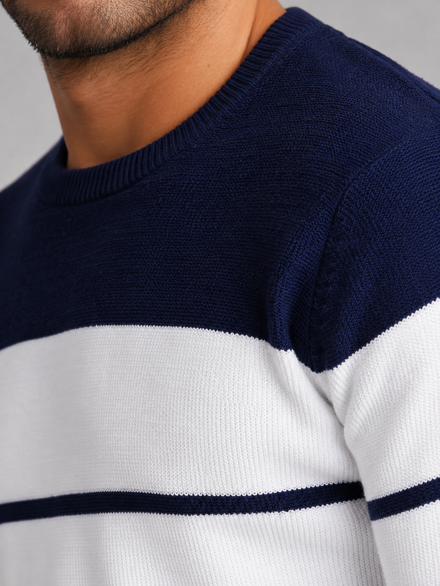 Men's fine stripe crew neck jumper with solid yoke