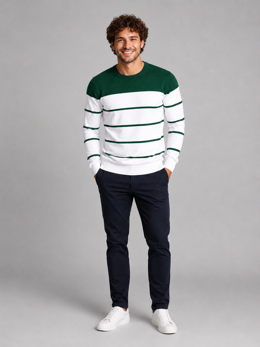 Men's fine stripe crew neck jumper with solid yoke