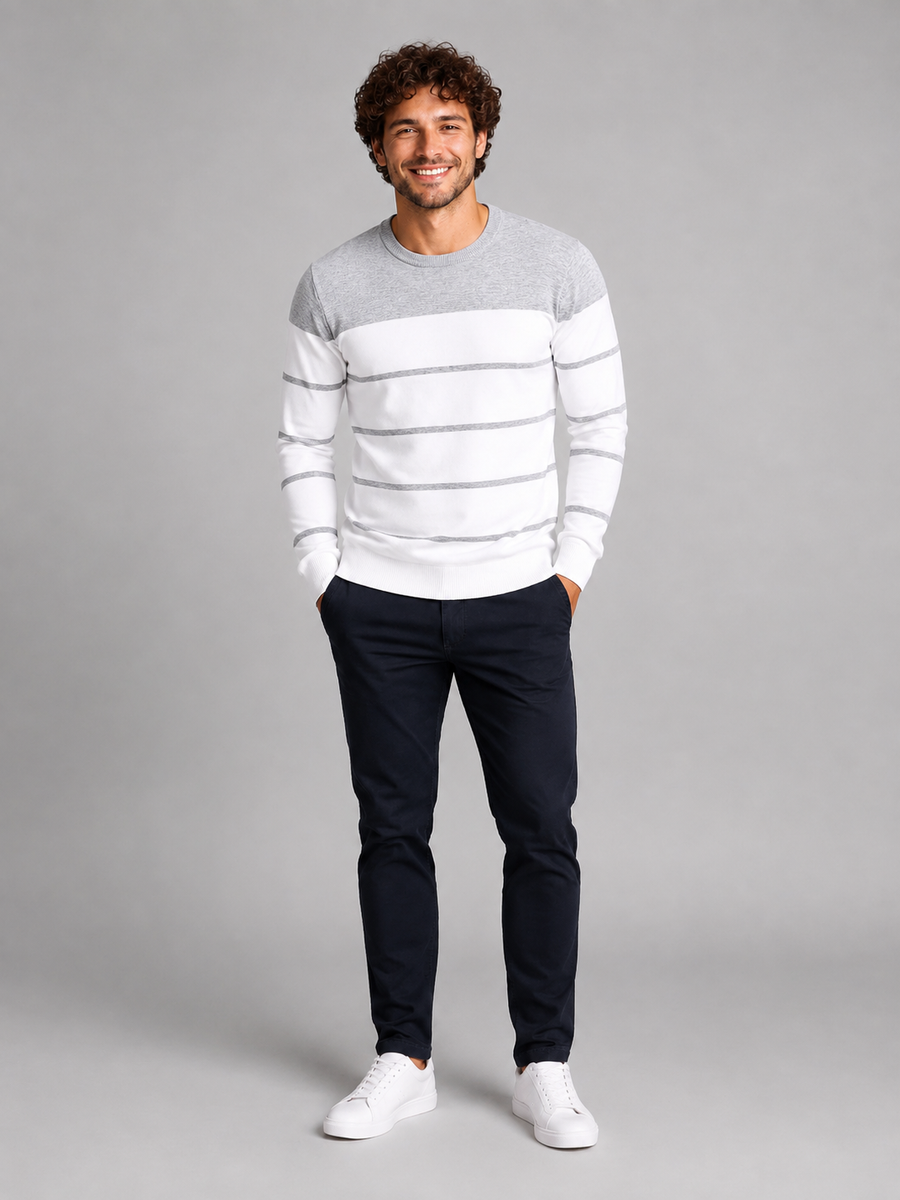 Men's fine stripe crew neck jumper with solid yoke
