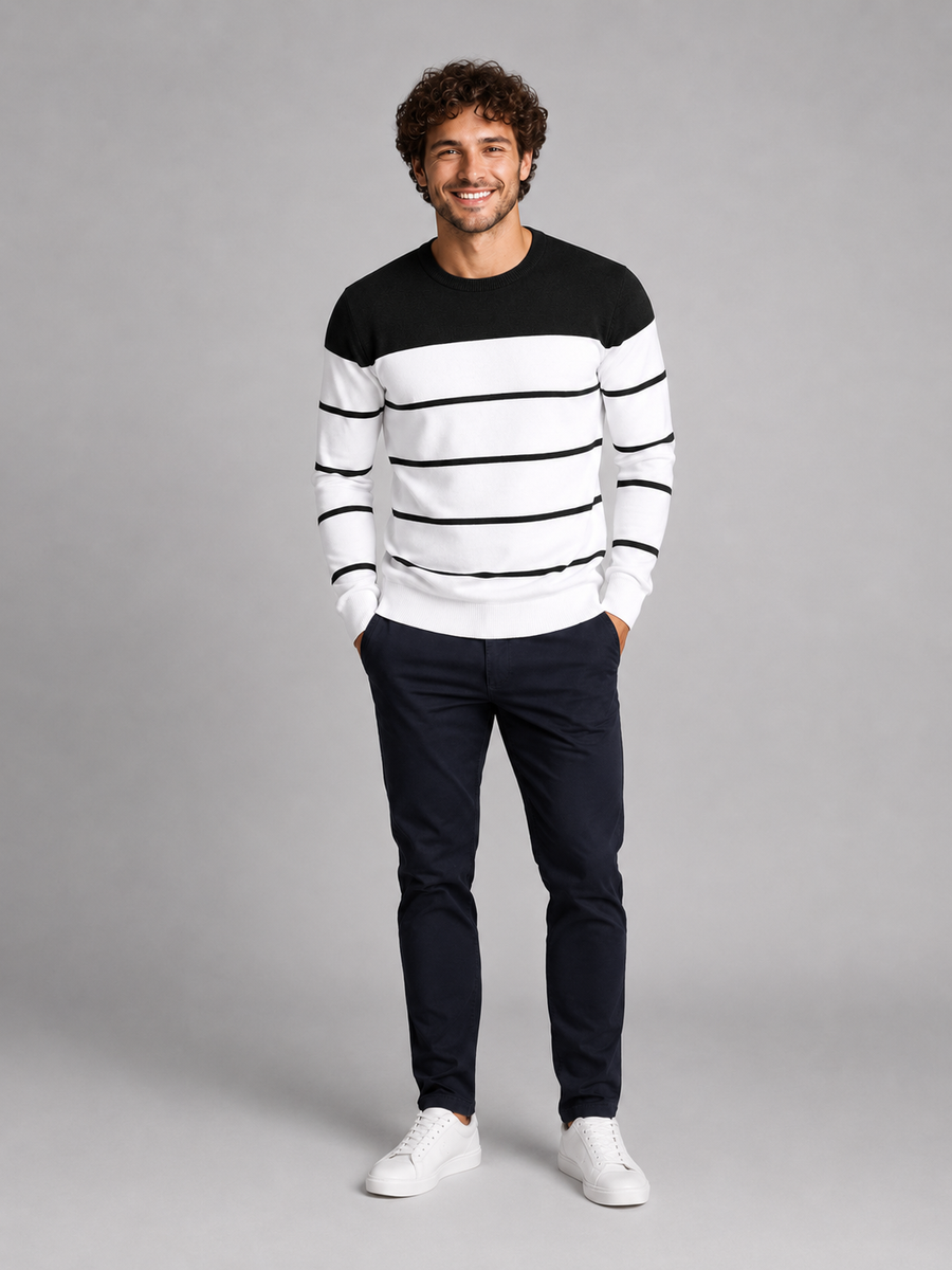 Men's fine stripe crew neck jumper with solid yoke