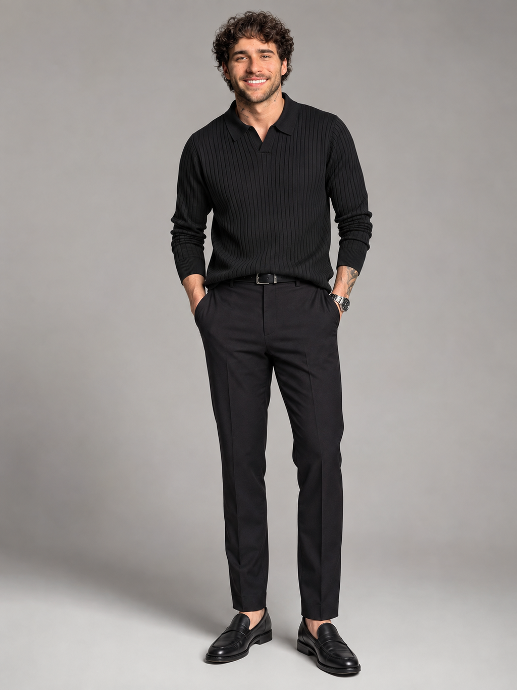 Men's ribbed open-collar polo jumper