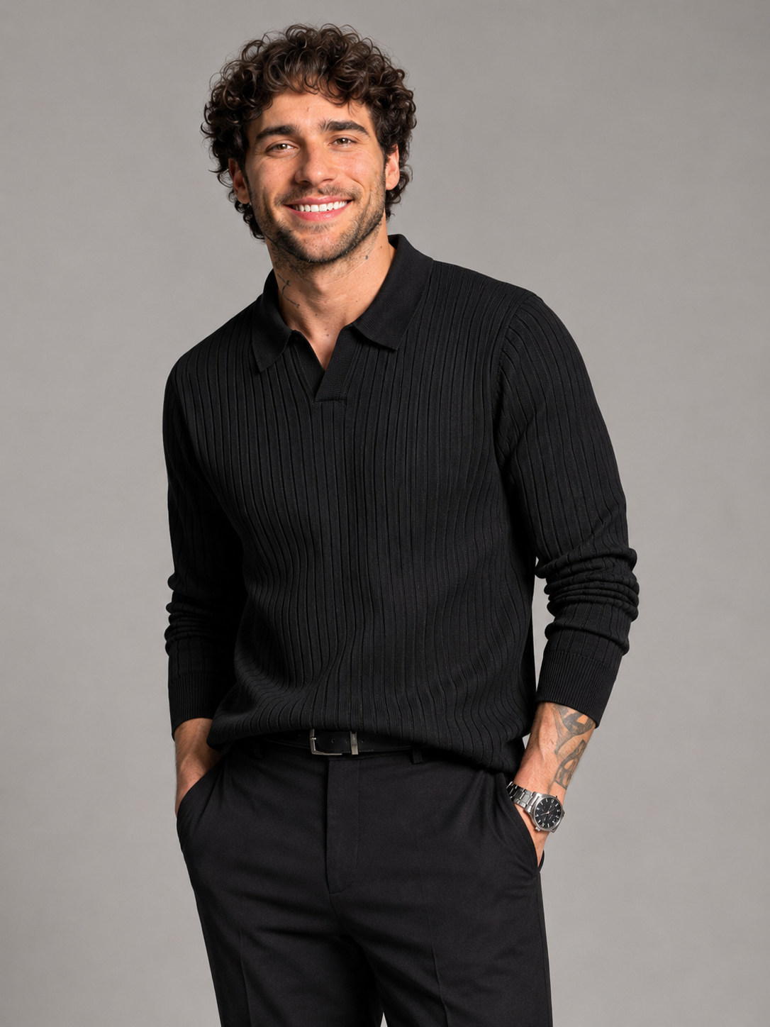 Men's ribbed open-collar polo jumper