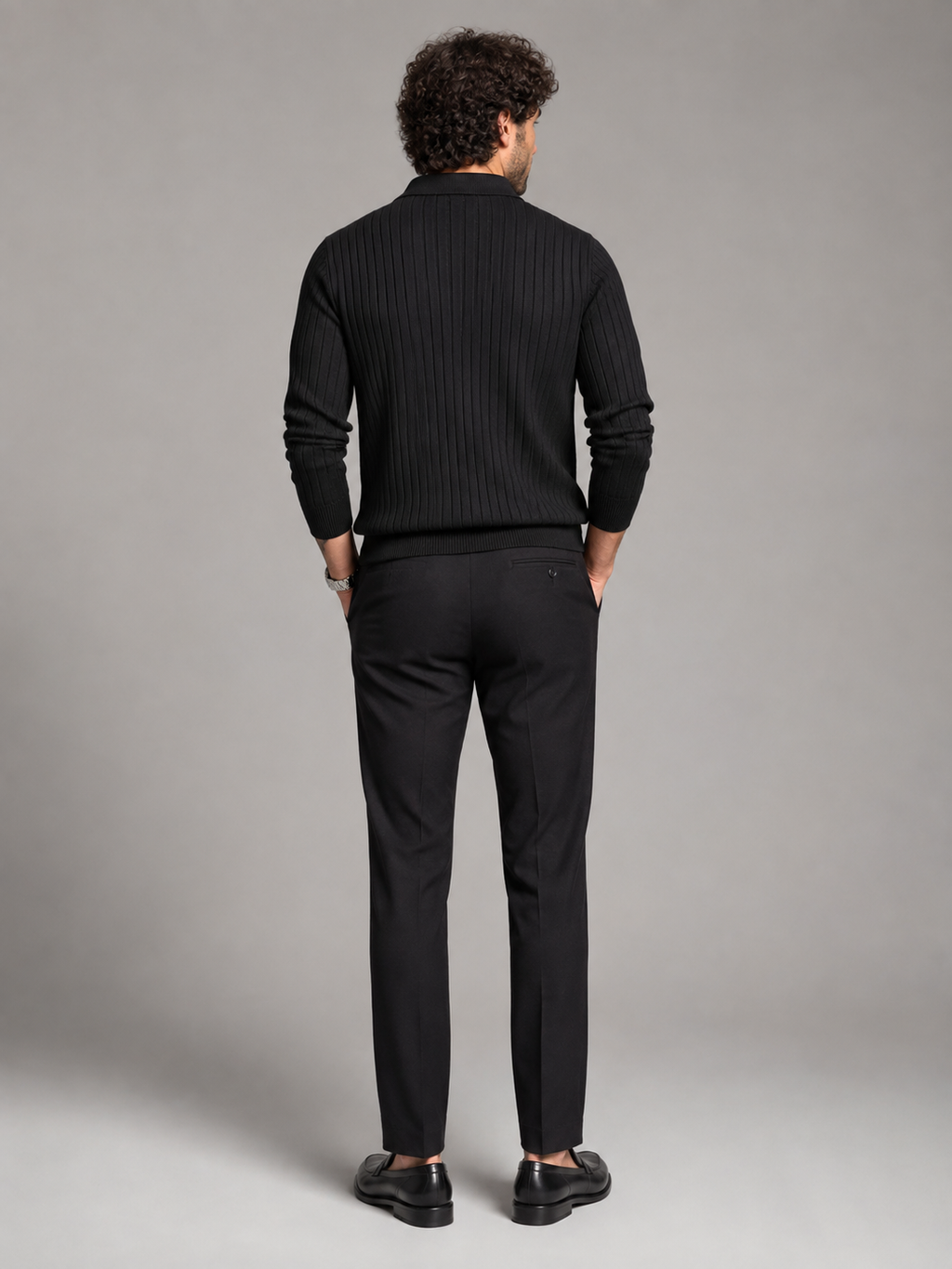 Men's ribbed open-collar polo jumper