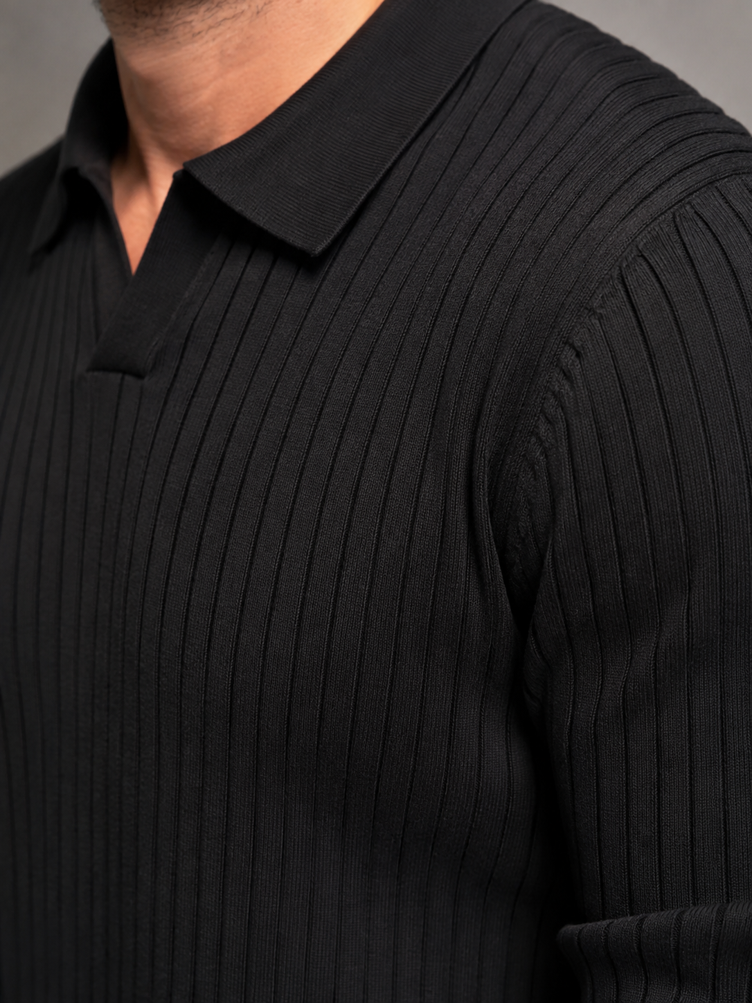 Men's ribbed open-collar polo jumper