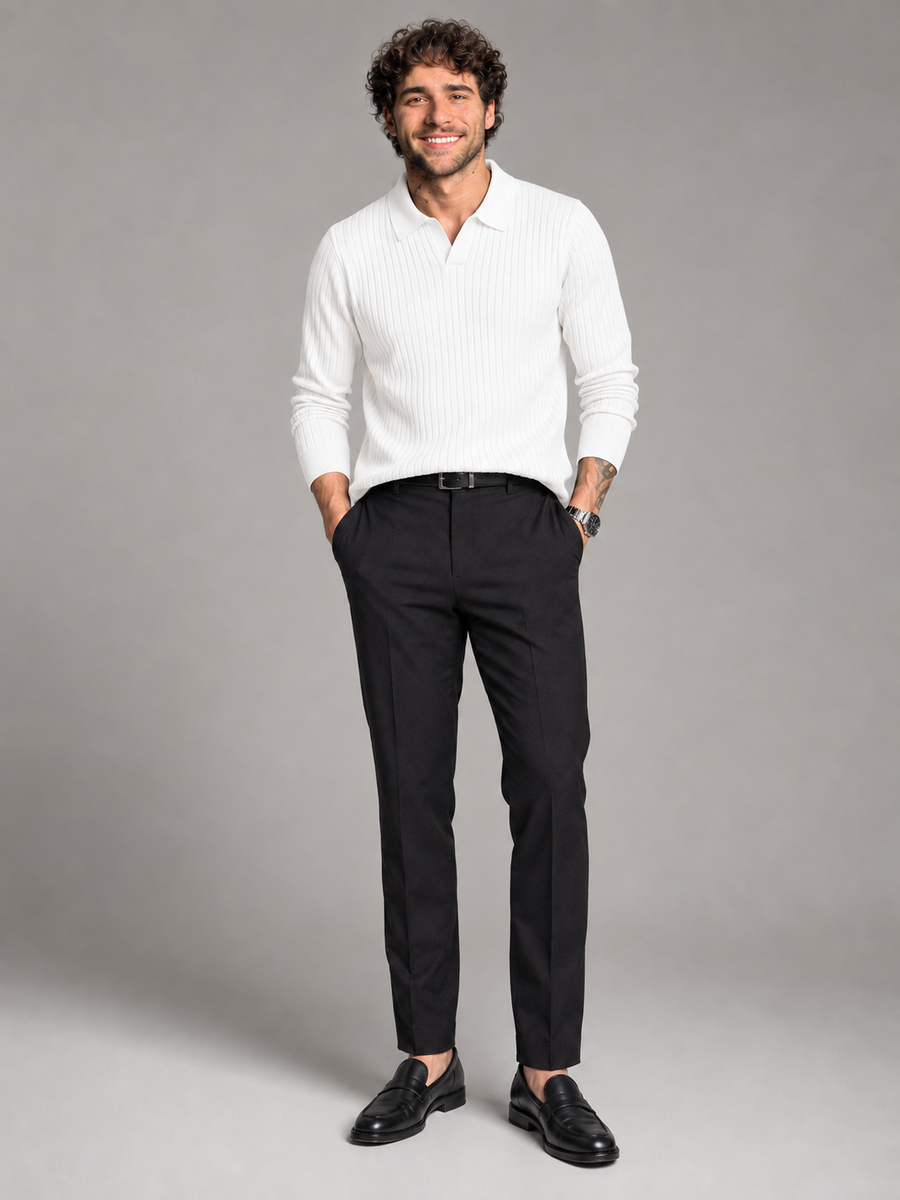 Men's ribbed open-collar polo jumper