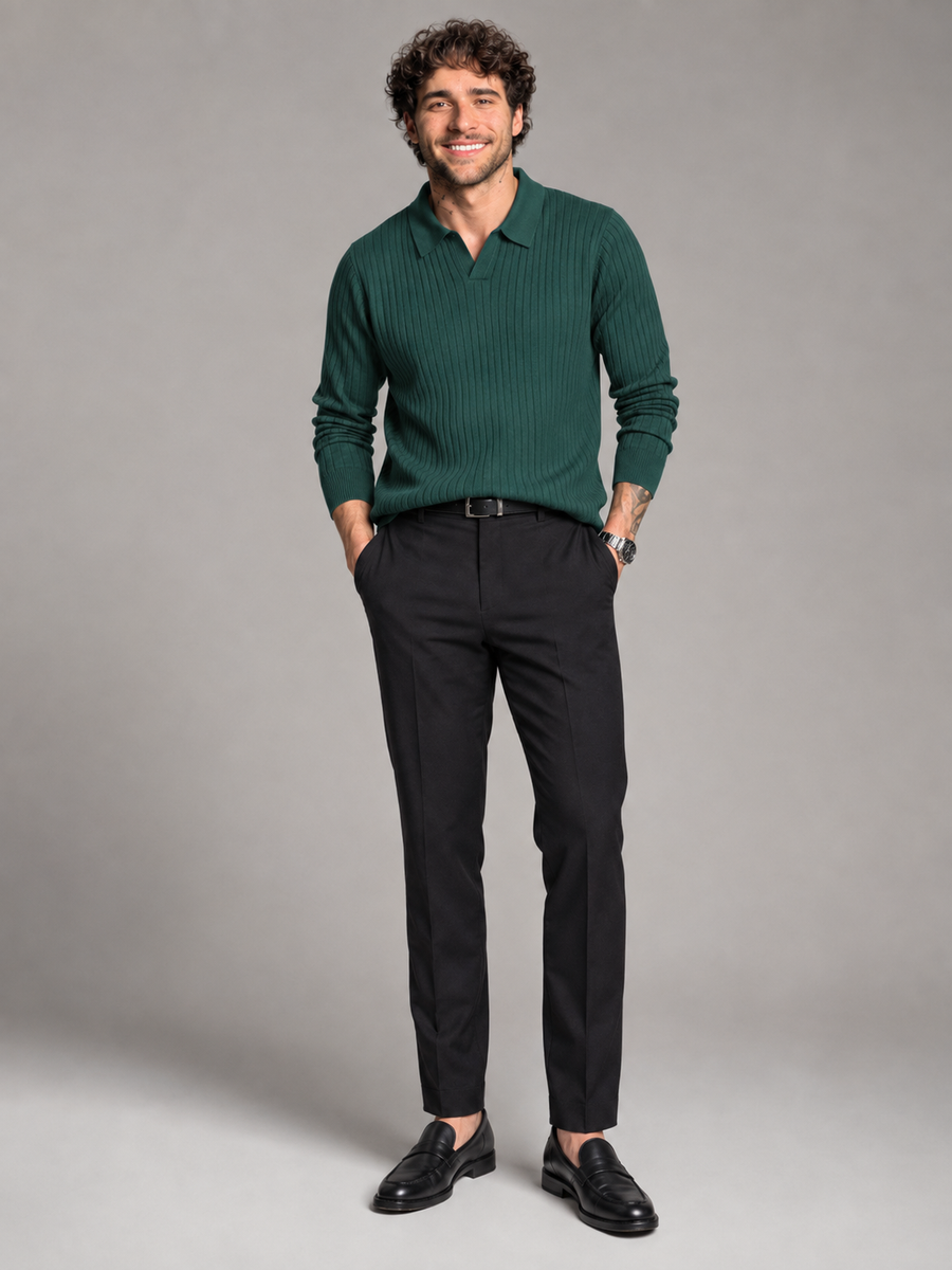 Men's ribbed open-collar polo jumper