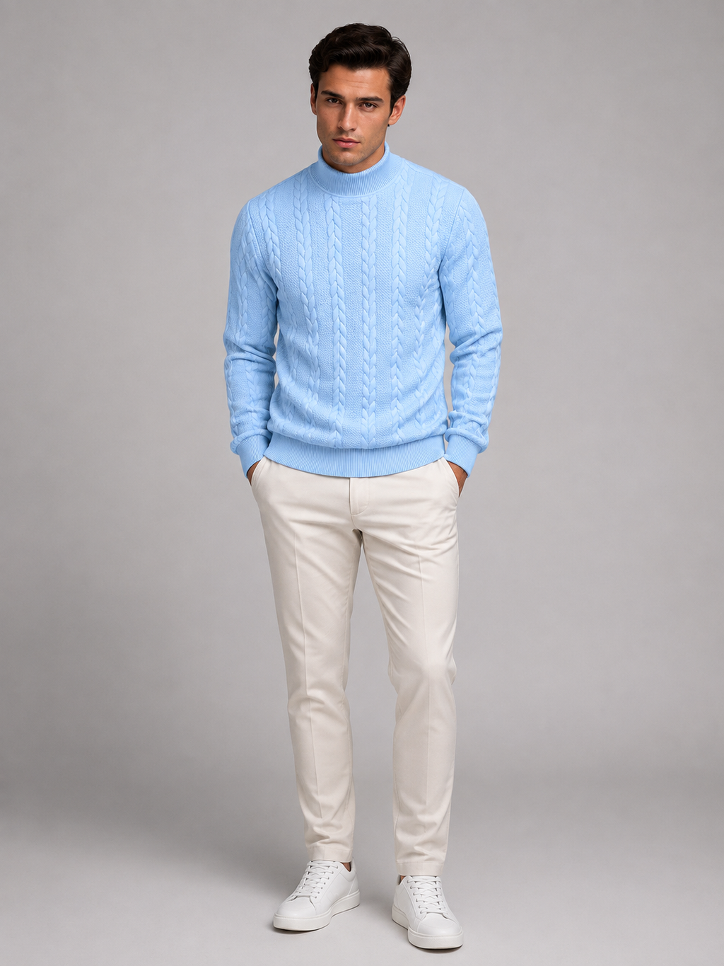 Men's cable knit roll neck jumper