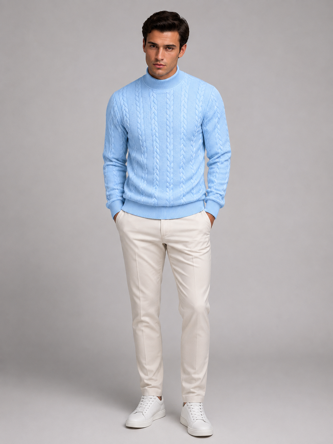 Men's cable knit roll neck jumper