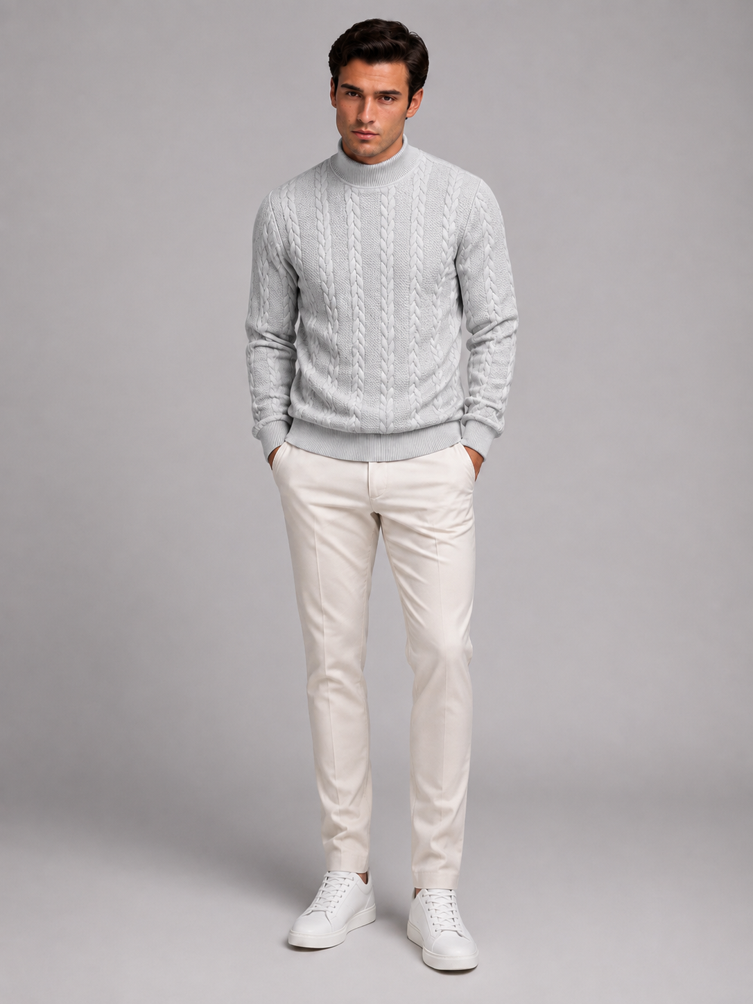 Men's cable knit roll neck jumper