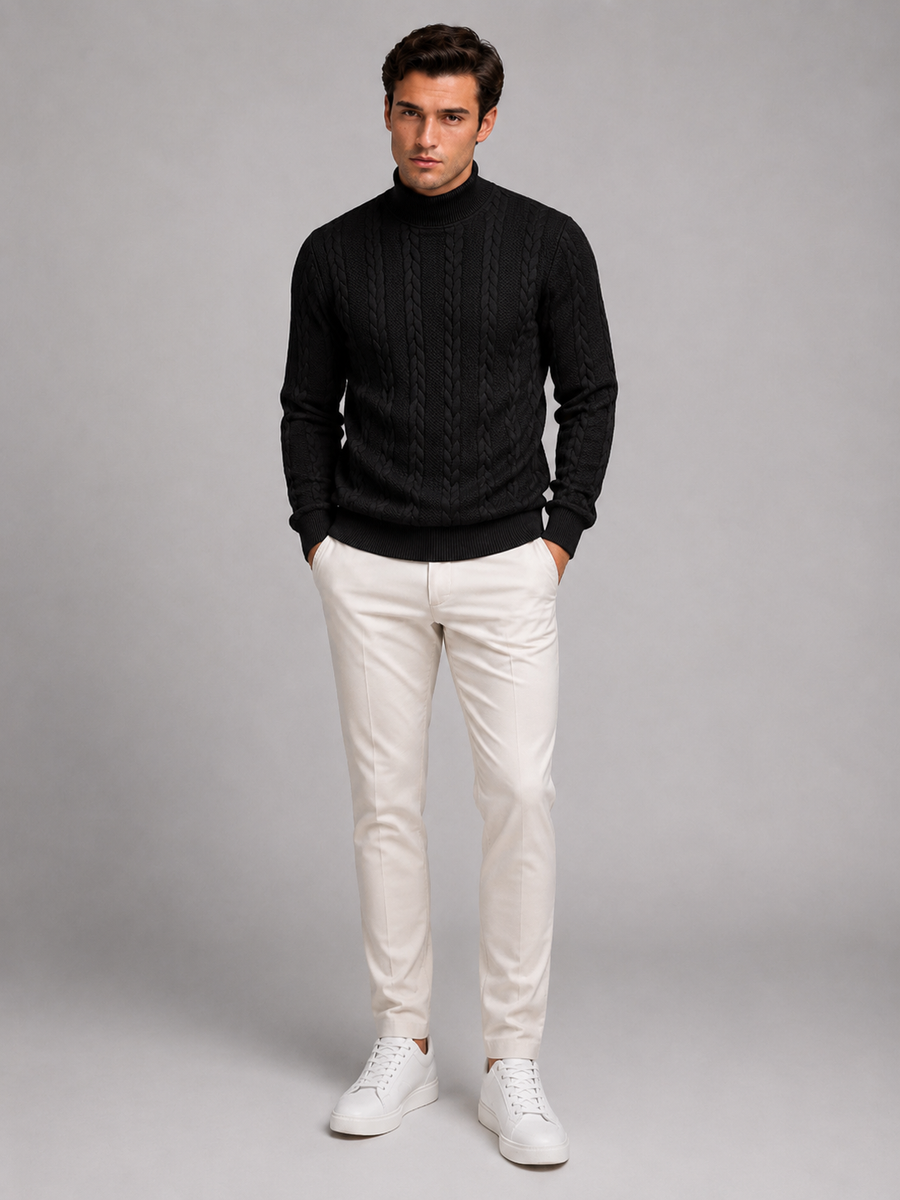 Men's cable knit roll neck jumper