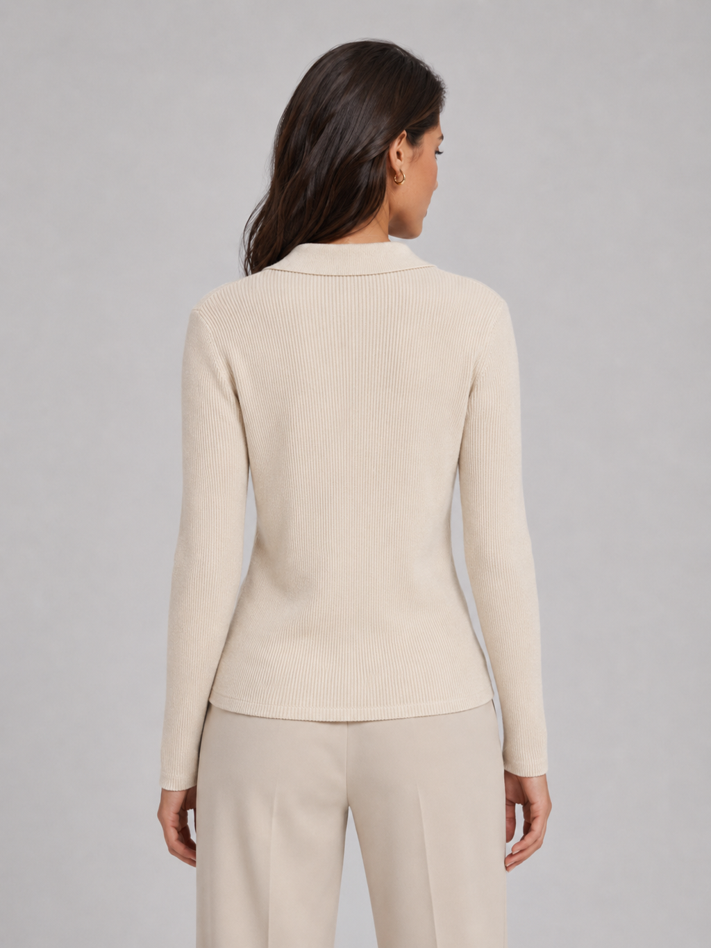 Women's ribbed knit polo top with collar and button placket