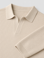 Women's ribbed knit polo top with collar and button placket