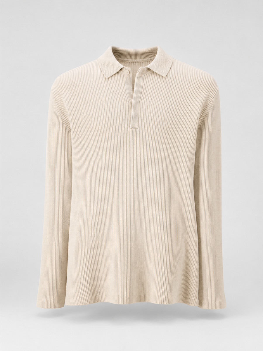 Women's ribbed knit polo top with collar and button placket