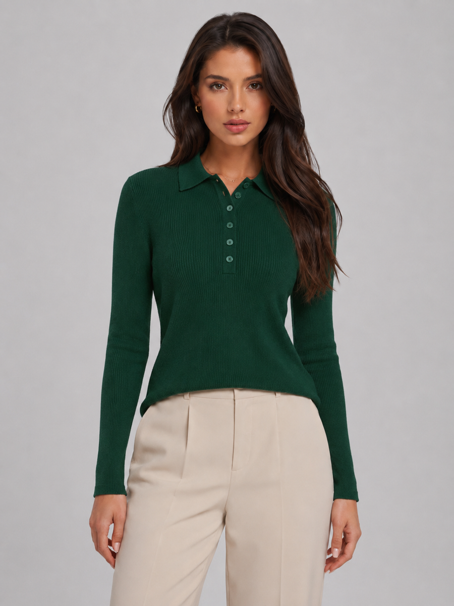 Women's ribbed knit polo top with collar and button placket