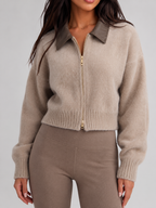 Women's zip-up cardigan in soft brushed knit with a high neck