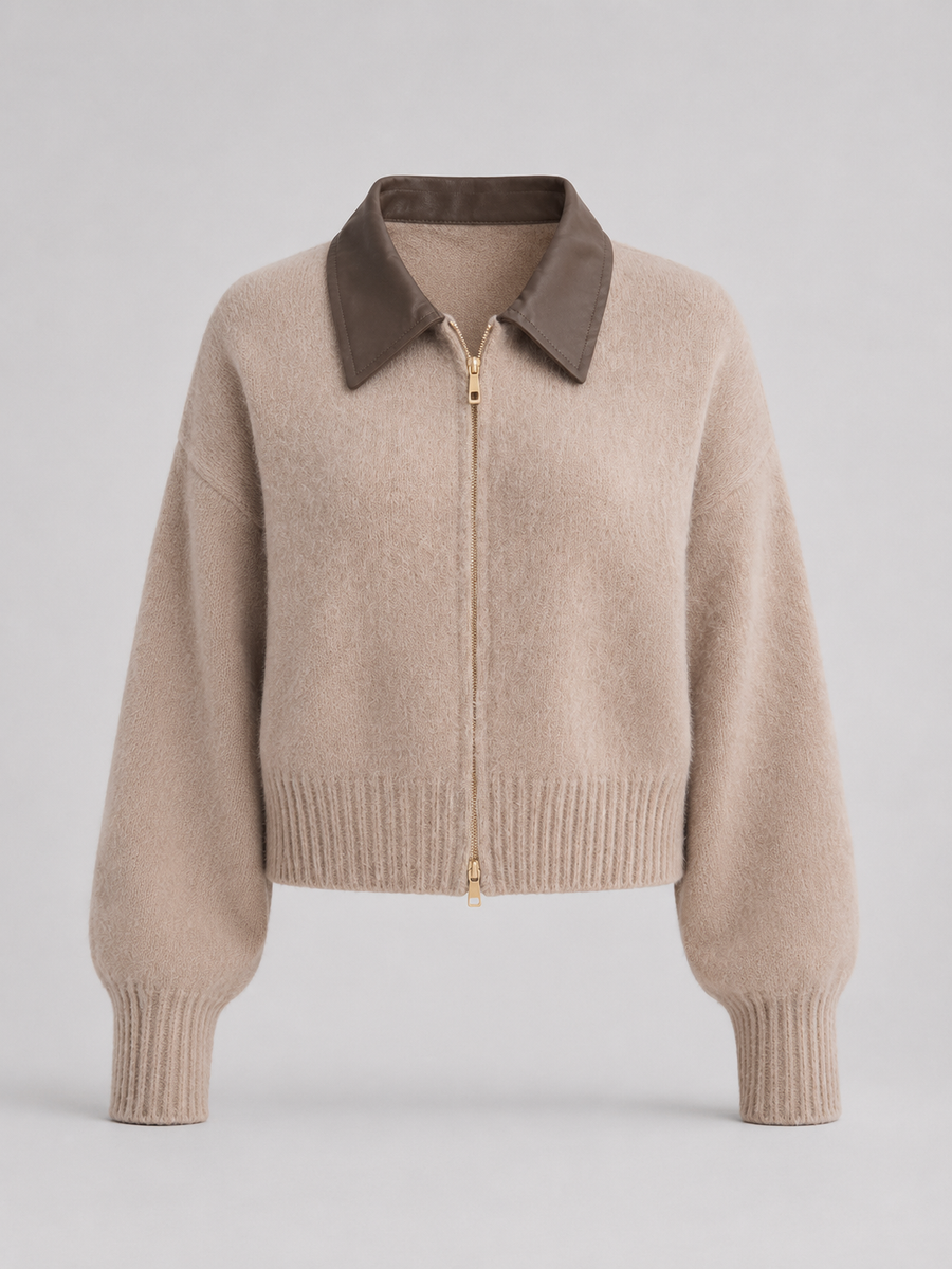 Women's zip-up cardigan in soft brushed knit with a high neck