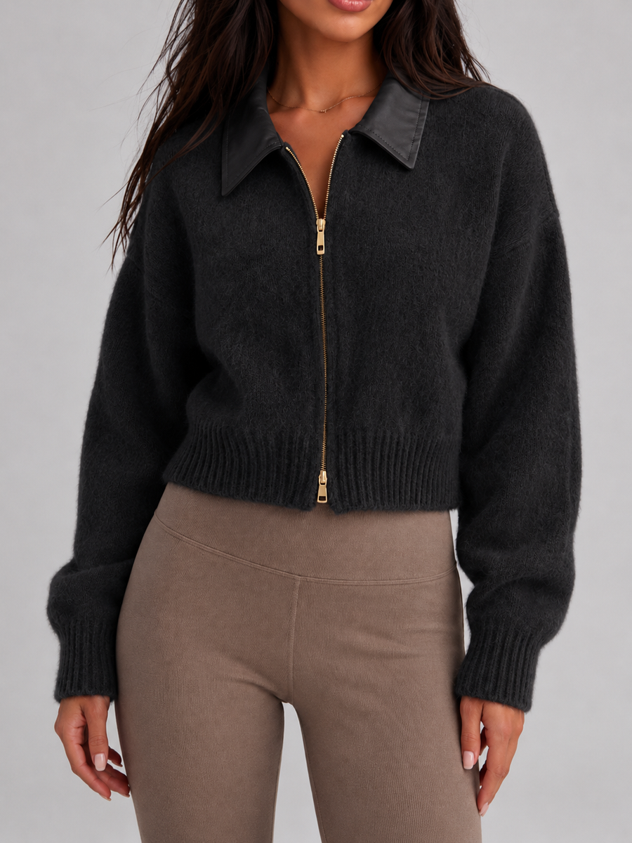 Women's zip-up cardigan in soft brushed knit with a high neck