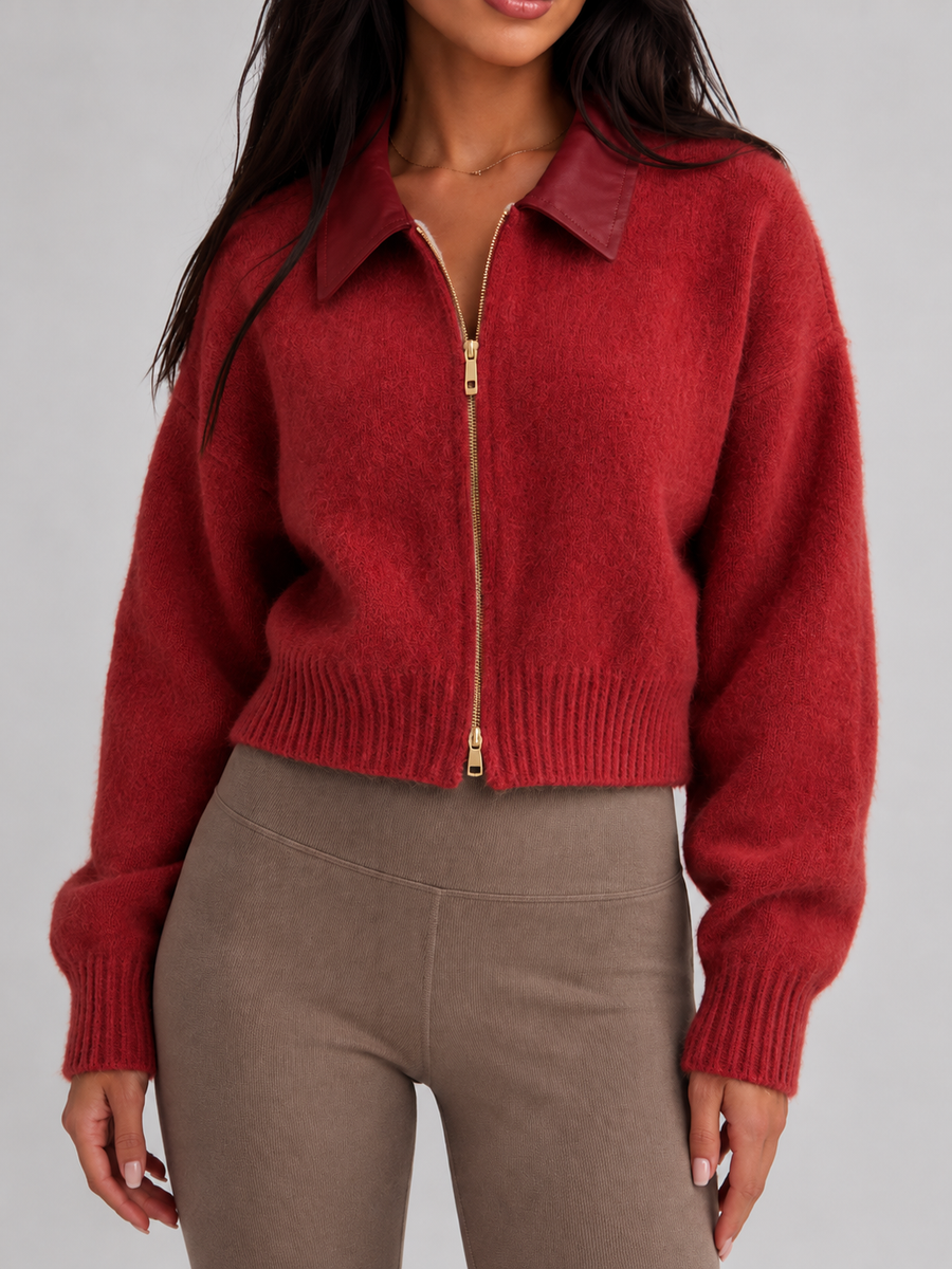 Women's zip-up cardigan in soft brushed knit with a high neck