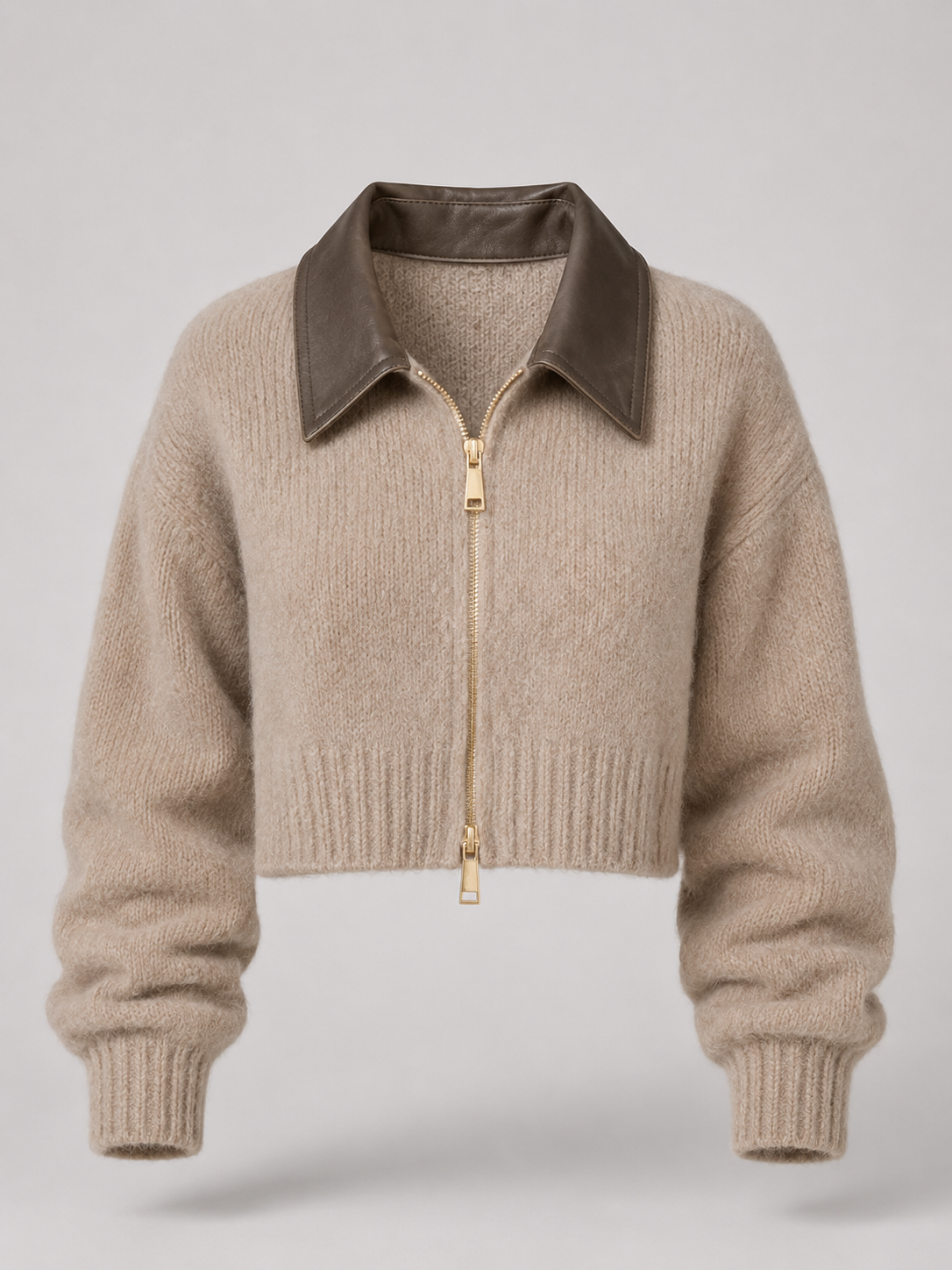 Women's cropped zip-up cardigan in a furry brushed knit