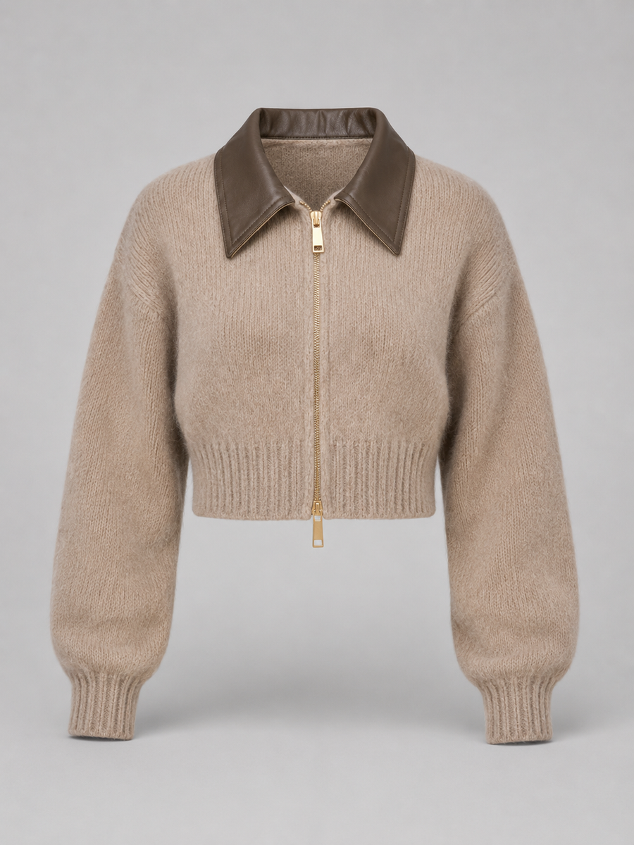 Women's cropped zip-up cardigan in a furry brushed knit