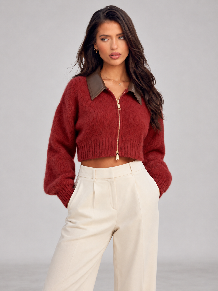 Women's cropped zip-up cardigan in a furry brushed knit