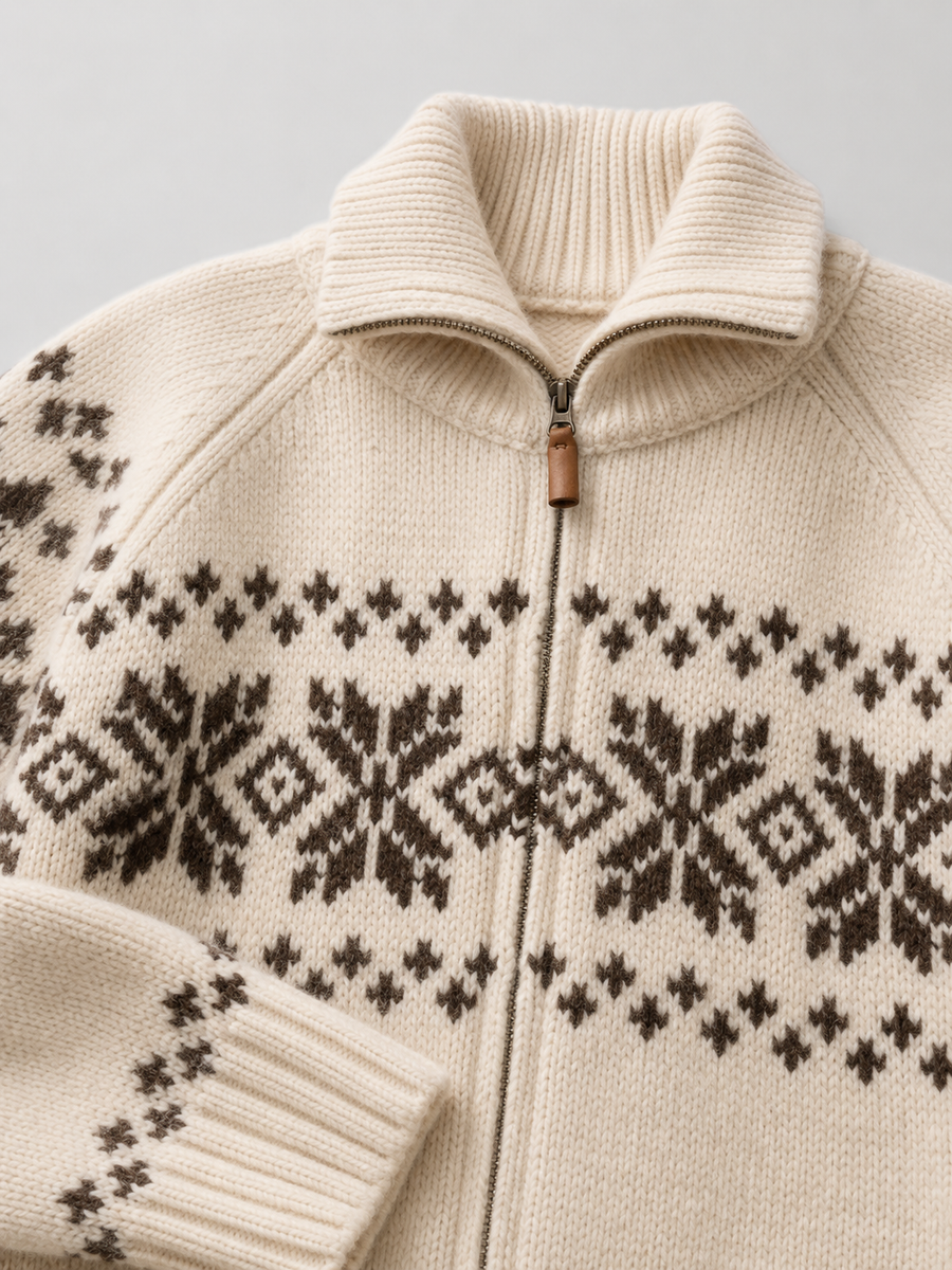 Women's Fair Isle knitted cardigan with a zip front and high collar